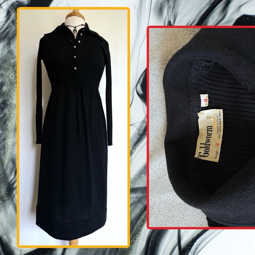 Vintage GOLDWORM Black Merino Wool Knit Ribbed & Button Top Dress 8 Fits XS
